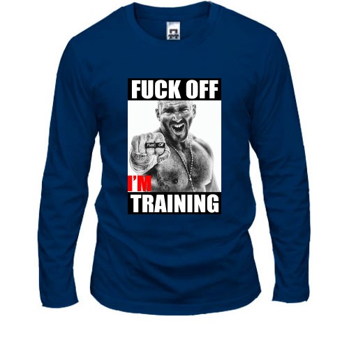 Мужской лонгслив с агрессивным мужчиной и надписью «F*ck off, i'm training»